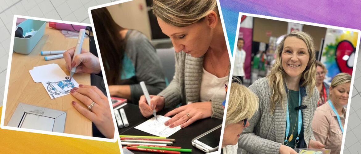 Collage of Kelly making cards and teaching classes - coloring with copic markers
